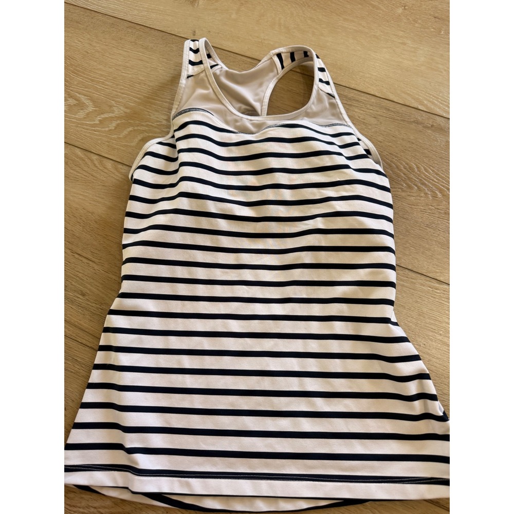 Athleta Tank Top Women S Navy White Striped Racerback Shelf Bra Activewear 358